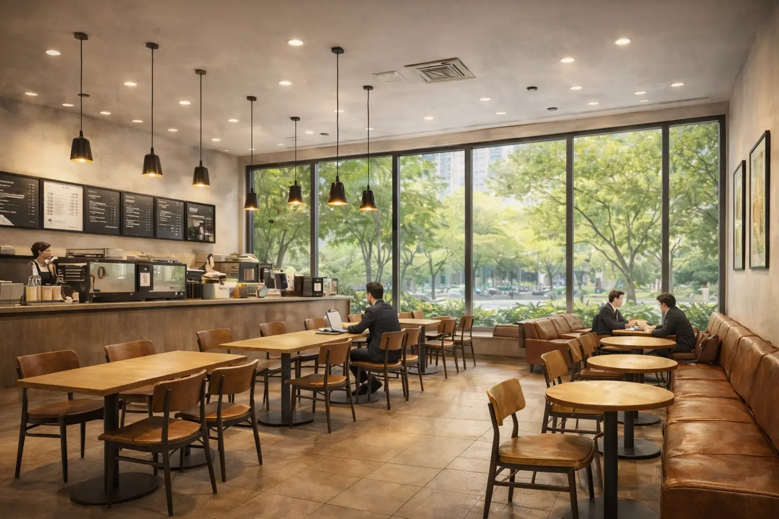 大きな窓から緑が見える明るいカフェ風の内観CGパース。テーブルと椅子が配置され、右側に長いソファ席が続いている。