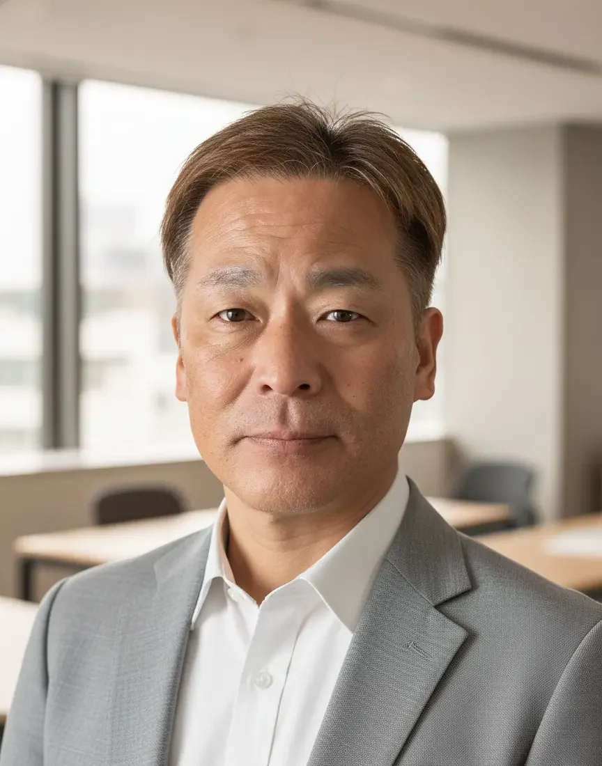 オフィスの窓際を背景に、グレーのスーツと白いシャツ姿で正面を見つめるLLC toma36 office代表のポートレート。落ち着いた表情で、信頼感のある雰囲気が伝わる