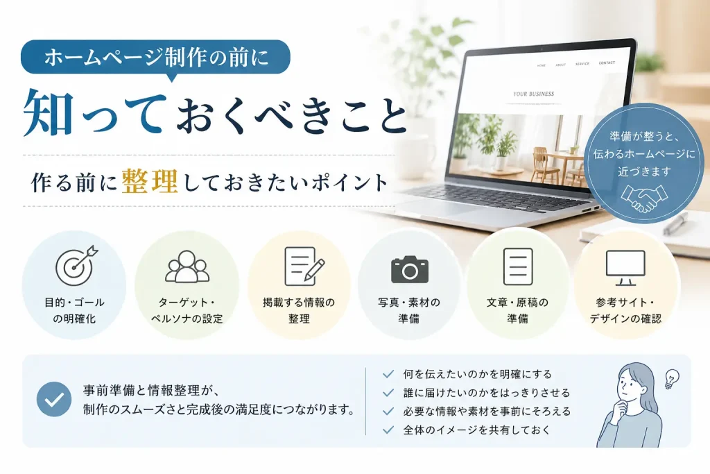 ホームページ制作の前に知っておくべきポイントとして、目的やゴールの明確化、ターゲット設定、掲載情報の整理、写真や素材の準備、文章や原稿の準備、参考サイトやデザイン確認など、事前準備の重要性をまとめた図解