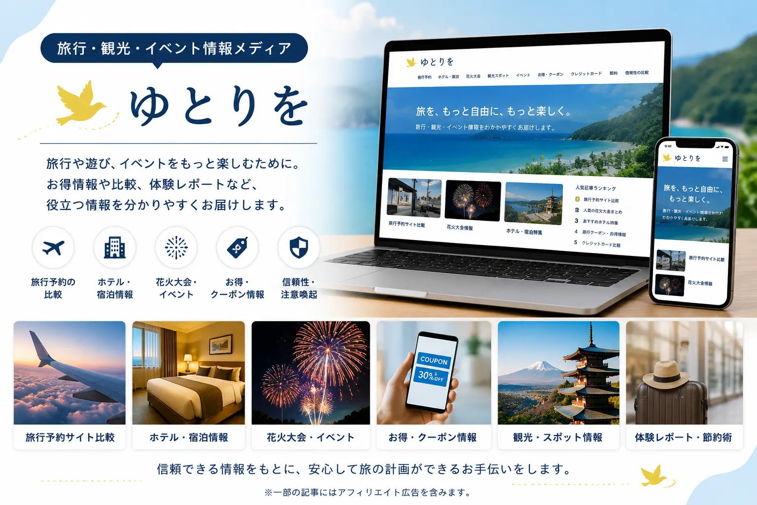 旅行・観光・イベント情報メディア『ゆとりを』の紹介画像。旅行予約サイト比較、ホテル宿泊情報、花火大会やイベント、お得なクーポン情報、観光スポット情報などを整理して紹介するサイトであることを、パソコンとスマートフォンの画面イメージで表現している。