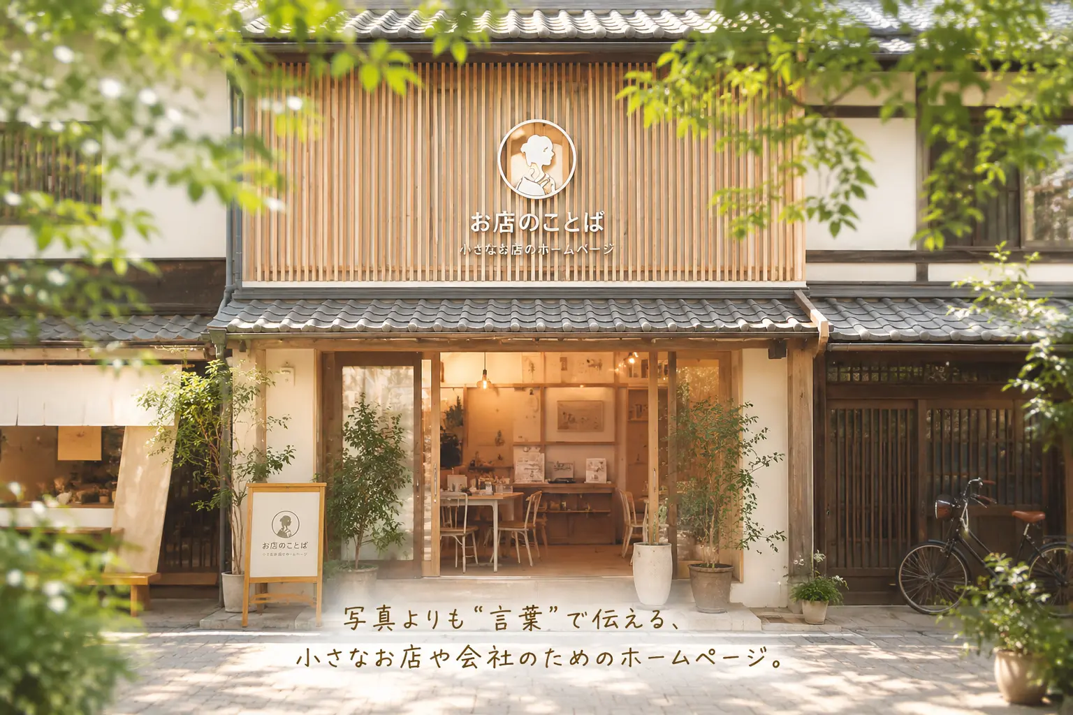 木の温もりを感じる小さなお店の外観。やわらかな日差しと緑に囲まれた入口に『お店のことば』の看板があり、写真よりも言葉で伝える小さなお店や会社のためのホームページ制作サービスを表現している。