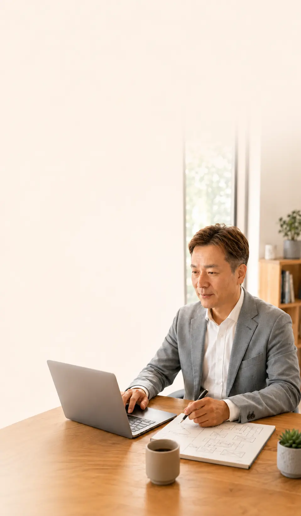 落ち着いた相談の場で事業内容を整理しながら、ことばと仕組みで支える姿勢を表したtoma36 officeのスマホ用ヒーロー画像