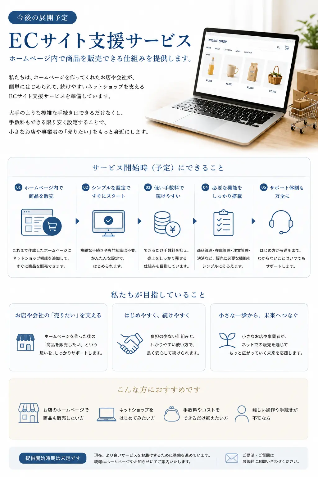 ホームページを作ったお店や会社が、自分のホームページ内で商品を販売できるようにするECサイト支援サービスの今後の展開予定を説明した画像。複雑な手続きや高い手数料をできるだけ抑え、小規模事業者が始めやすく続けやすい販売の仕組みを目指していることを表している