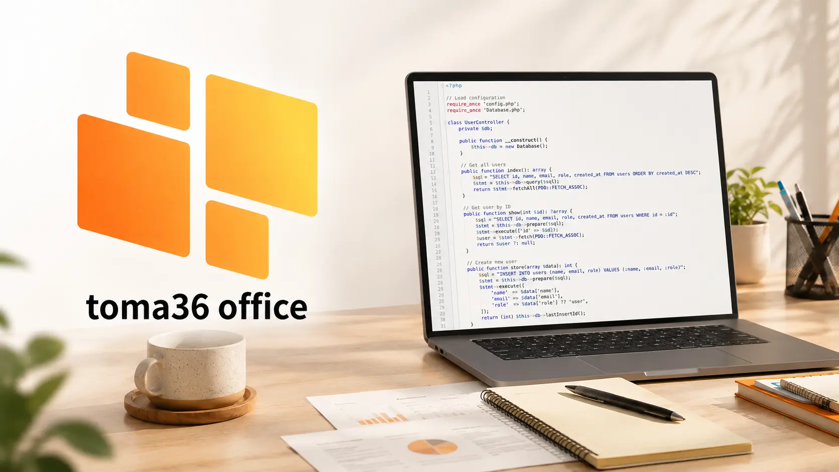 toma36 officeのロゴと、PHPコードが表示されたノートパソコン、書類やノートが並ぶ作業デスクを写した、会社の実務支援とシステム構築を表すヒーロー画像
