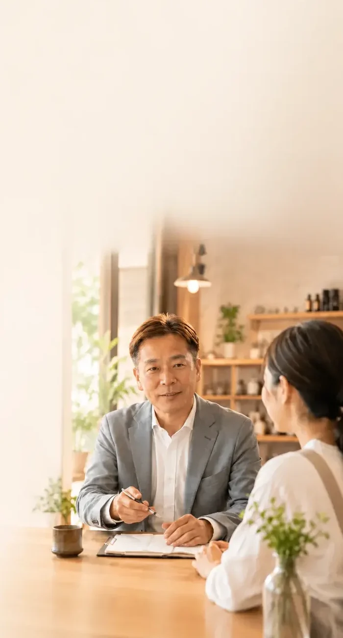 明るい相談スペースで向き合いながら話を聞く様子を通して、小さな想いを未来につなぐ姿勢を表したtoma36 officeのスマホ用ヒーロー画像