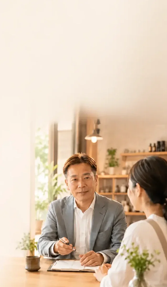 明るい室内でノートパソコンと資料を前に作業しながら、一緒に考える姿勢を表したtoma36 officeのスマホ用ヒーロー画像