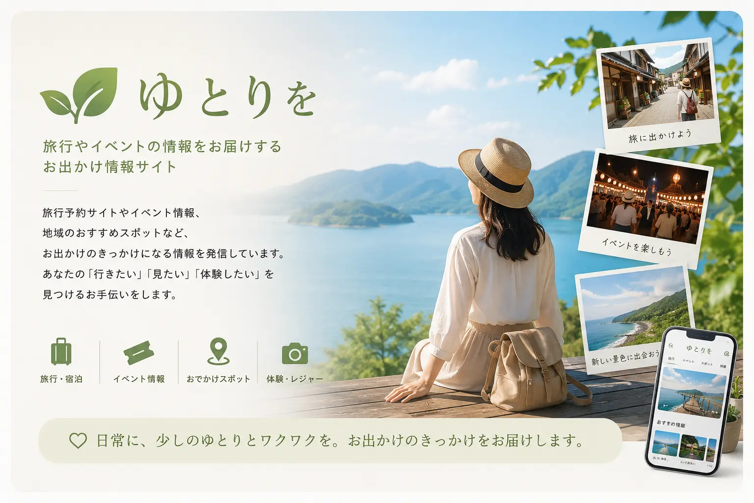 湖や山の景色を眺める人物と、旅行・イベント・おでかけスポットの写真を組み合わせ、ゆとりをが旅行予約サイトやイベント情報、地域のおでかけ情報を届けるサイトであることを表現したイメージ