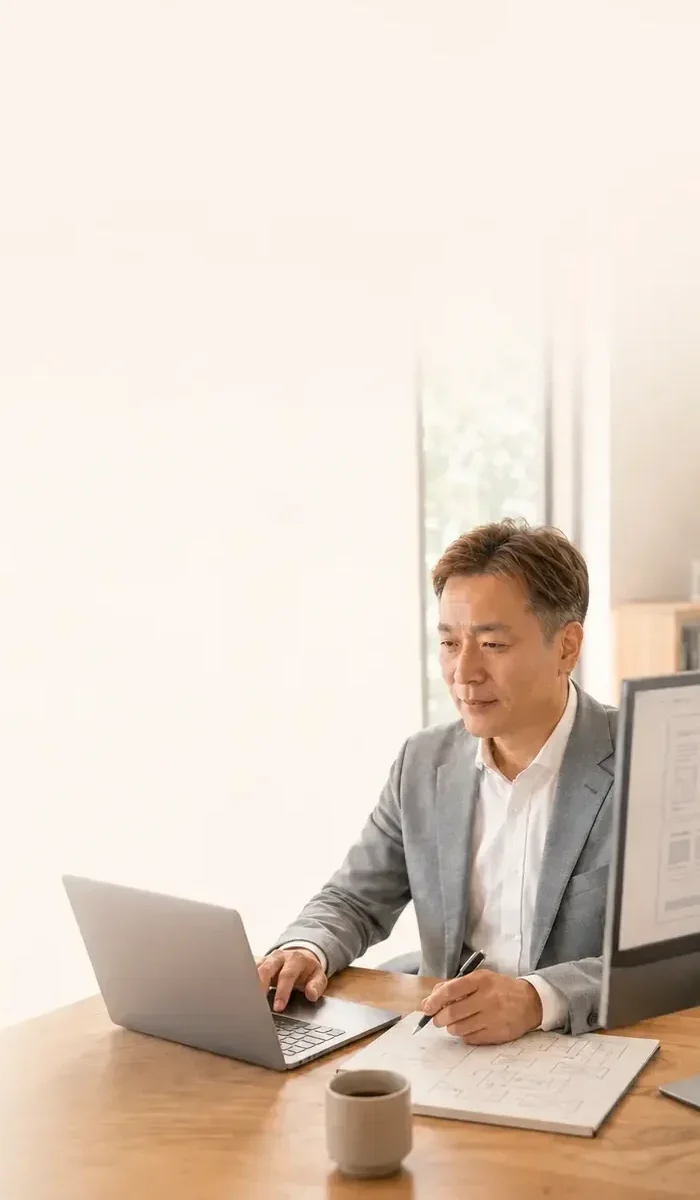 落ち着いた相談の場で事業内容を整理しながら、ことばと仕組みで支える姿勢を表したtoma36 officeのスマホ用ヒーロー画像